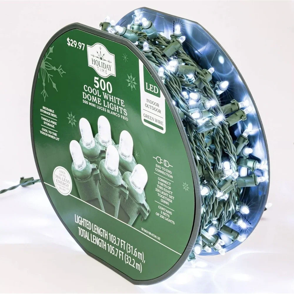Holiday Time 500-Count Cool White LED Dome Christmas String‎ Lights Green Cord